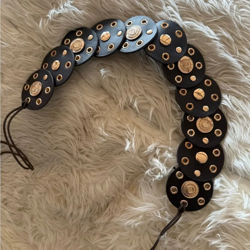 Brown faux leather beaded belt